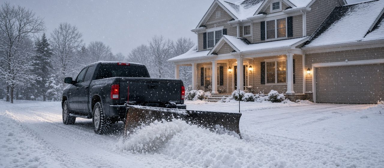 A dark pickup with a plow blade at its rear pushing snow down a driveway in front of a two-story house with lit windows and snow on the roof, in Rochester, New York