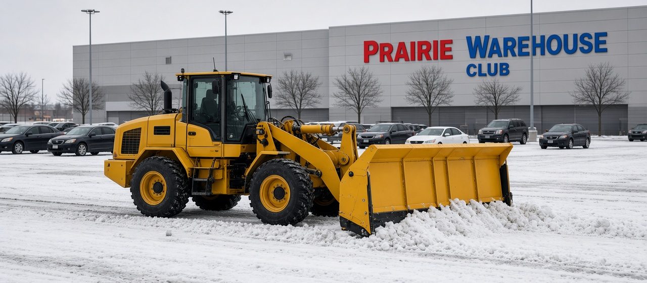A yellow wheel loader with a yellow snow pusher clearing a snowy store parking lot, with parked cars and bare trees in front of a big warehouse store, in Rochester, New York
