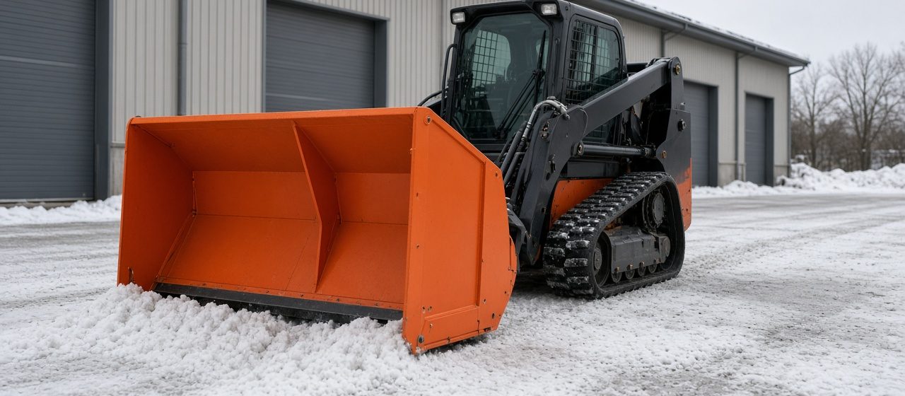 An orange snow pusher with tall side panels on a black tracked loader in front of a metal warehouse, in Rochester, New York