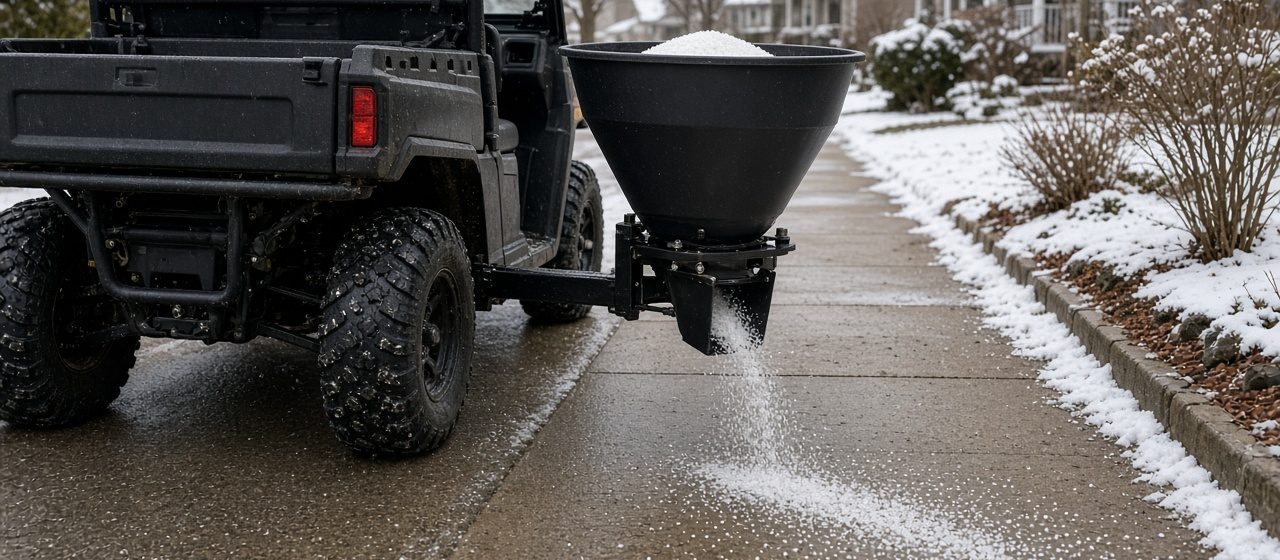 A black cone-shaped spreader on the back of a utility vehicle spreading salt on a sidewalk, in Rochester, New York
