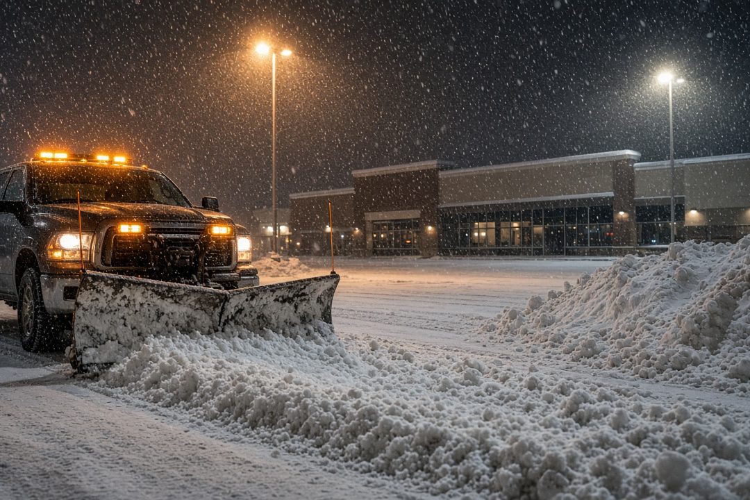 A dark pickup with amber lights and a front plow blade pushing snow across a parking lot at night, with tall pole lights, a storefront building and a snow pile behind it, in Rochester, New York