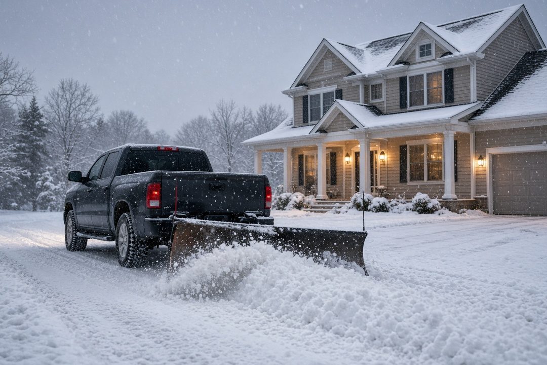 A dark pickup with a plow blade at its rear pushing snow down a driveway in front of a two-story house with lit windows and snow on the roof, in Rochester, New York