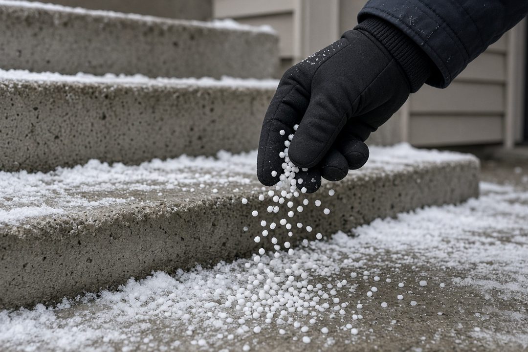 A gloved hand scattering white ice melt pellets onto snowy concrete steps, in Rochester, New York