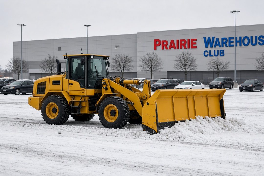 A yellow wheel loader with a yellow snow pusher clearing a snowy store parking lot, with parked cars and bare trees in front of a big warehouse store, in Rochester, New York