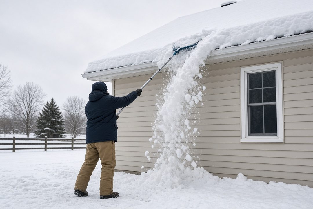 A person standing on the ground pulling snow off the roof edge of a house with a long roof rake, in Rochester, New York