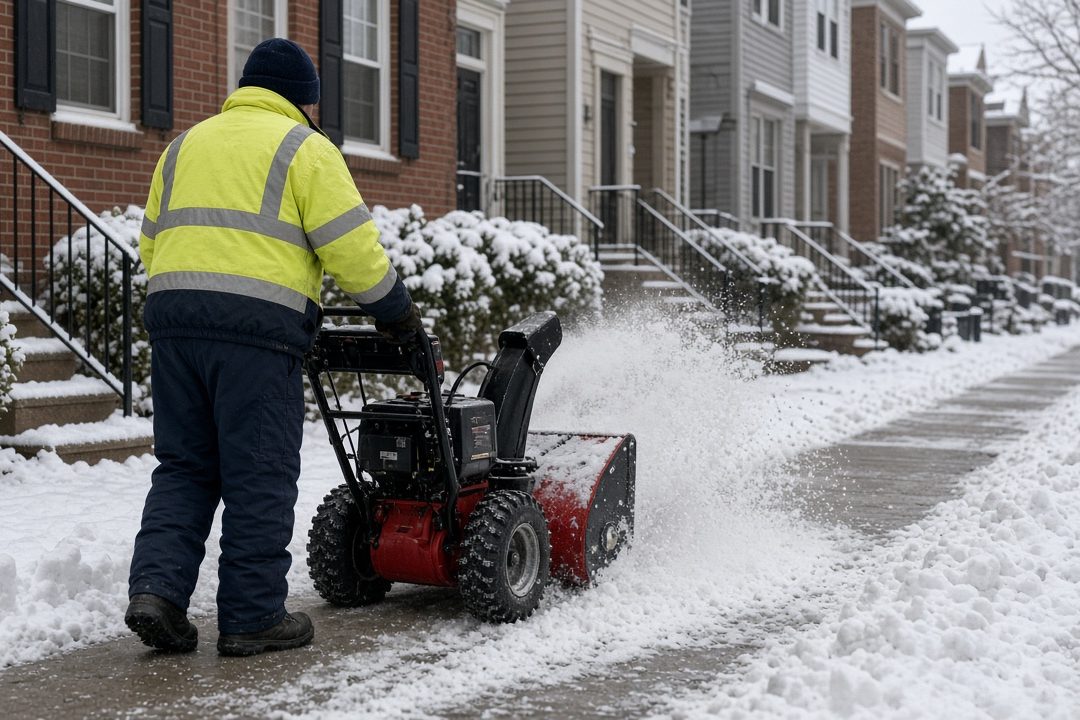 A worker in a yellow high-visibility jacket clearing a snowy sidewalk with a red two-stage snow blower in front of a row of brick townhomes, in Rochester, New York