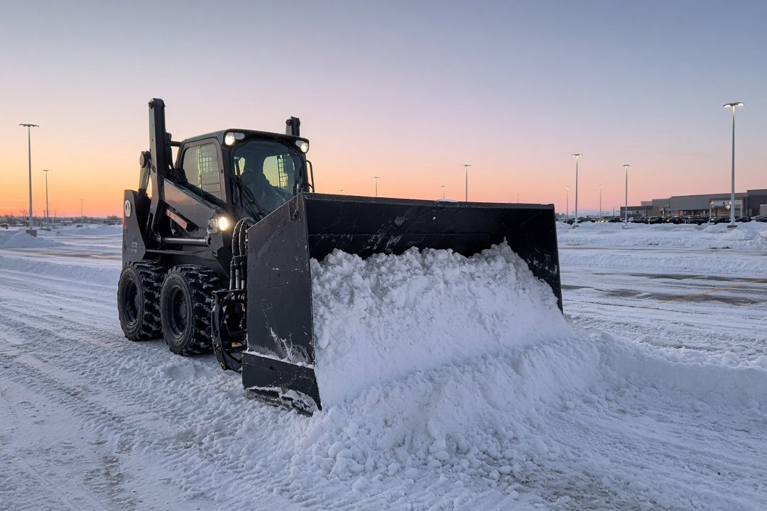 A black snow pusher box on a wheeled skid steer pushing snow across a big parking lot at dawn, in Rochester, New York