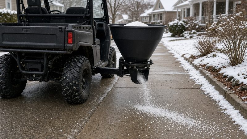 A black cone-shaped spreader on the back of a utility vehicle spreading salt on a sidewalk, in Rochester, New York