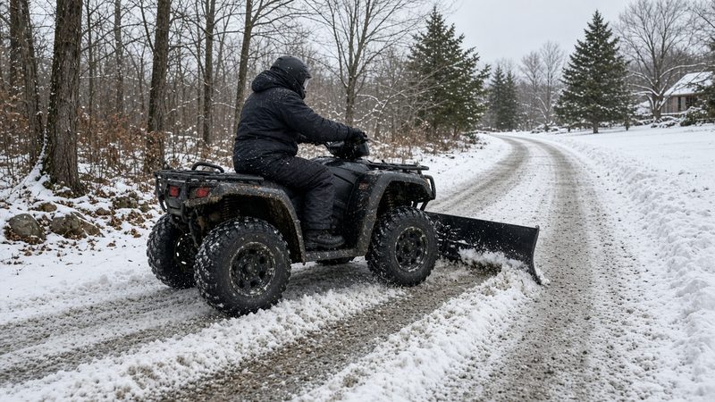 A rider on an ATV with a front plow blade clearing a snowy gravel lane through the woods, in Rochester, New York