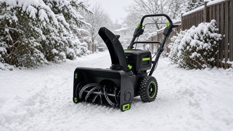 A black battery-powered two-stage snow blower with green trim on a snowy path between snow-covered shrubs and a fence, in Rochester, New York