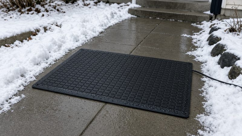 A black rubber mat on a wet, clear concrete walkway with snow on both sides and a cord running off the side, in Rochester, New York