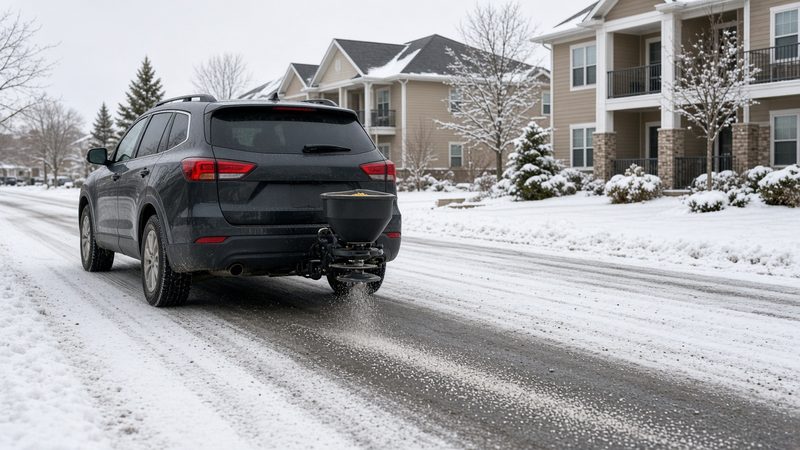 A dark SUV with a small black salt spreader on its rear hitch spreading salt on a snowy street by apartment buildings, in Rochester, New York