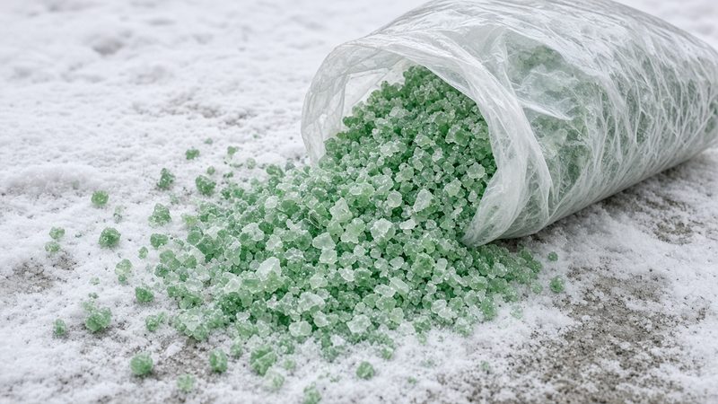 A clear bag of green ice melt crystals spilling onto snowy ground, in Rochester, New York