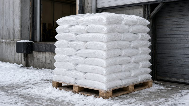 A wooden pallet stacked with plain white bags beside a loading dock door, in Rochester, New York
