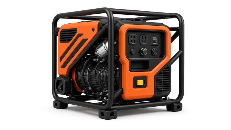 An orange and black open-frame inverter generator in a black tube frame, in Rochester, New York