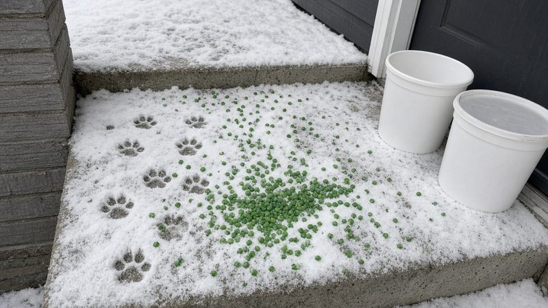 Green ice melt pellets and paw prints on a snowy front step, with two plain white tubs by the door, in Rochester, New York