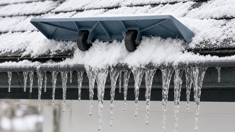 A blue-gray roof rake head with two wheels on a snowy roof edge above a row of icicles, in Rochester, New York