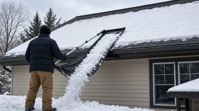 A person on the ground pulling a sheet of snow off a house roof with a long roof rake and fabric slide, in Rochester, New York
