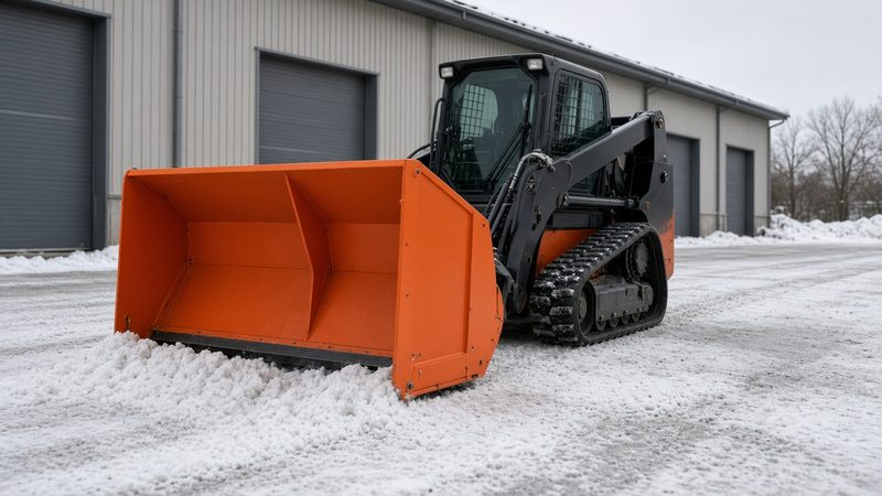 An orange snow pusher with tall side panels on a black tracked loader in front of a metal warehouse, in Rochester, New York