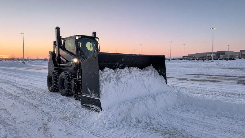 A black snow pusher box on a wheeled skid steer pushing snow across a big parking lot at dawn, in Rochester, New York