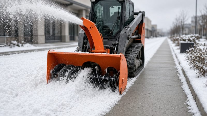 An orange snow blower attachment on a tracked loader throwing snow beside a long cleared sidewalk, in Rochester, New York