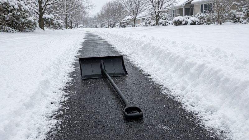 A black snow pusher lying on a freshly cleared strip of driveway between snowbanks, in Rochester, New York