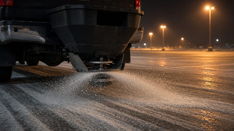 A black tailgate hopper on the back of a truck spreading salt across a parking lot at night, in Rochester, New York