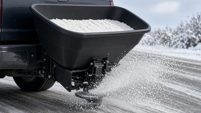 A black hopper full of salt on the back of a truck, with a spinner throwing salt onto a snowy road, in Rochester, New York