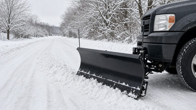 A black straight plow blade mounted on the front of a dark pickup on a snowy road, in Rochester, New York