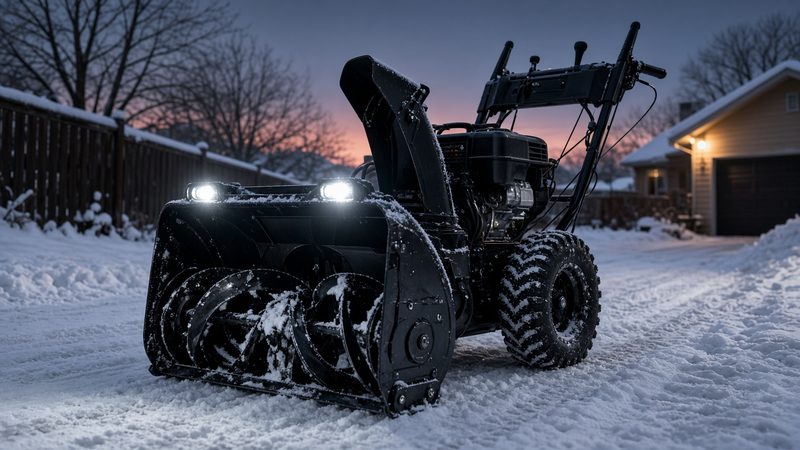 A black two-stage snow blower with its headlights on in a snowy driveway at dusk, in Rochester, New York