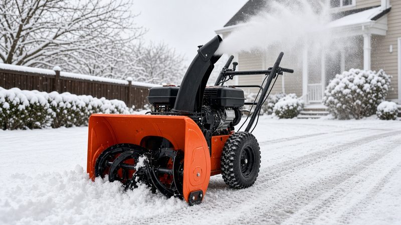 An orange two-stage snow blower throwing snow from its chute in a snowy front yard, in Rochester, New York