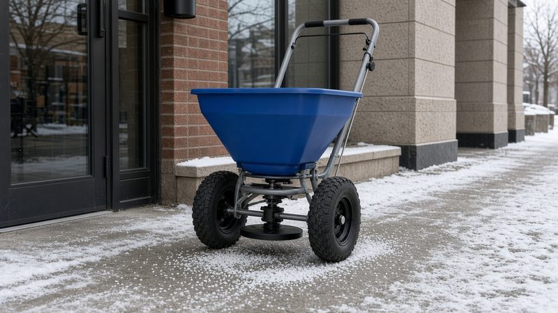 A blue walk-behind spreader with large tires on a salted storefront sidewalk, in Rochester, New York
